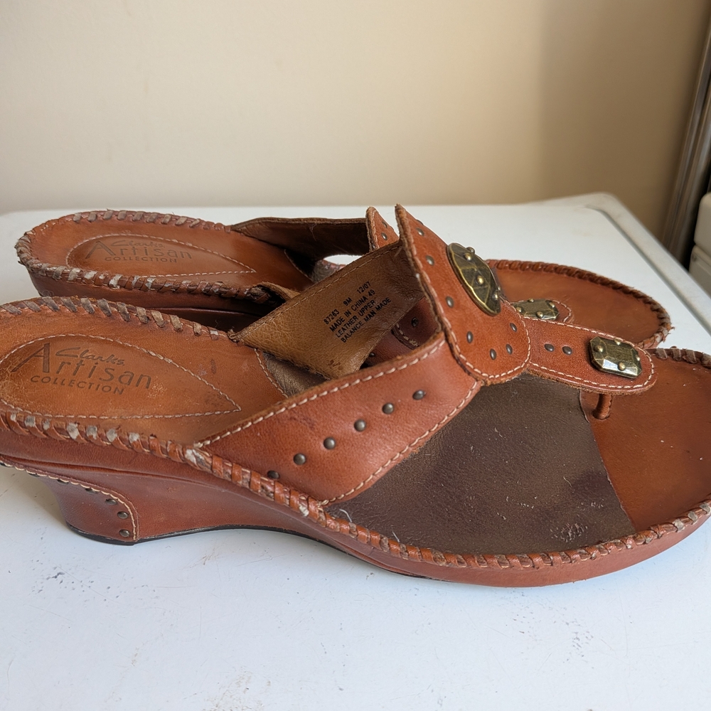 Clarks Tan Leather Studded Wedge Sandals